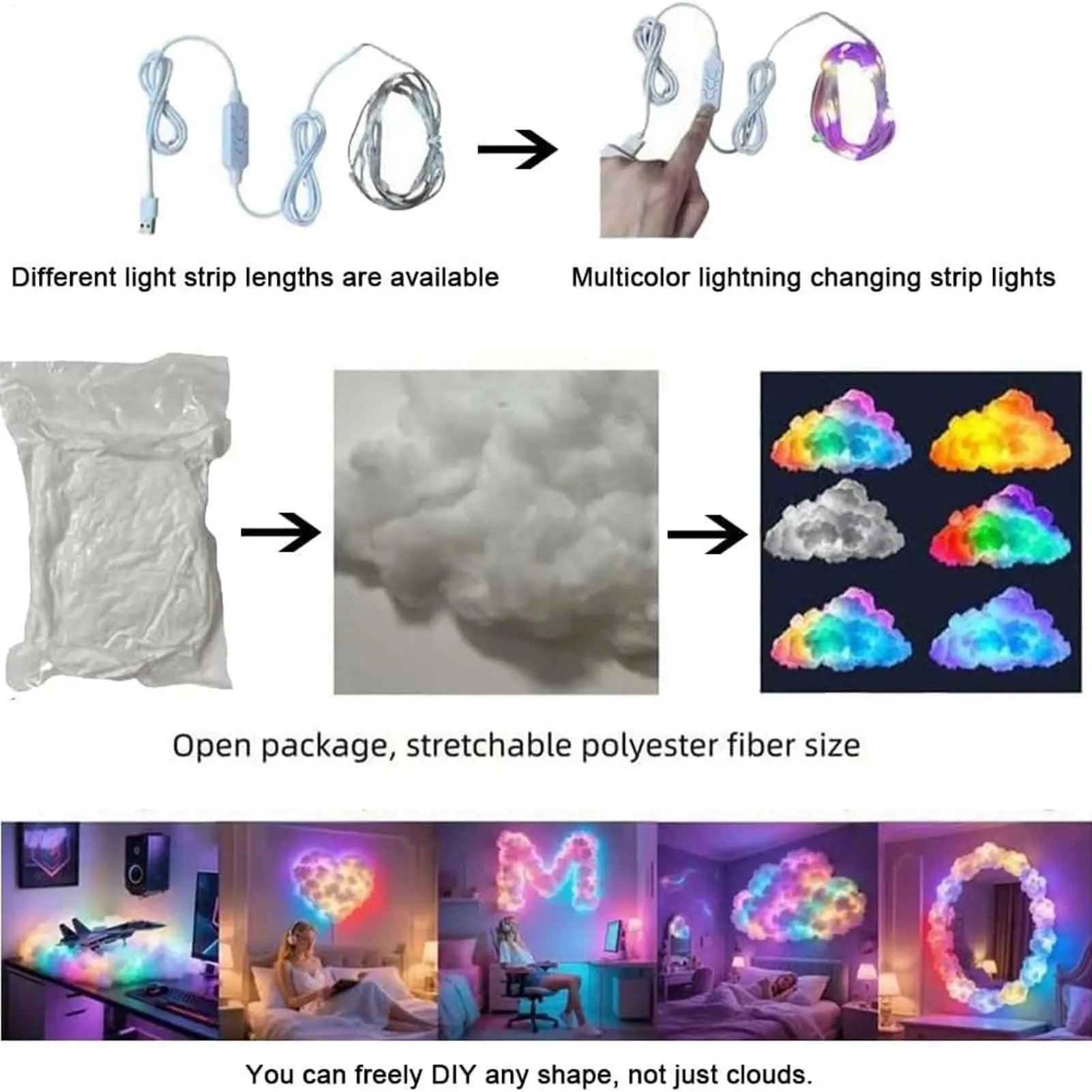 LED Clouds for Ceiling 3D USB Thundercloud Lamp Set Ambient Music Light for Desktop Ceiling Bedroom Living Room Office Party